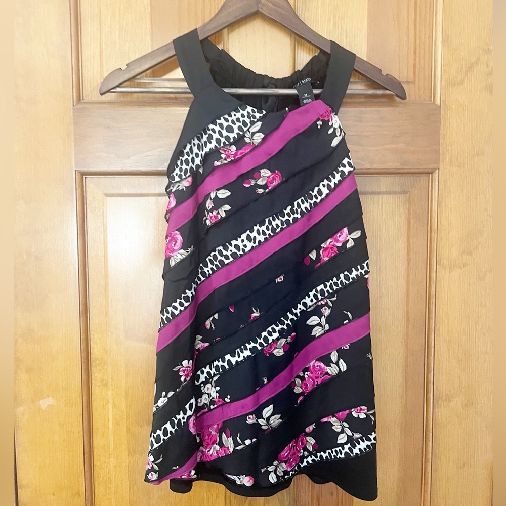 White House Black Market‎ Sleeveless Top Womens Size Small Black Floral Ruffle